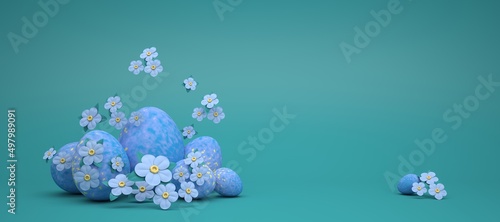 Easter greeting card with Easter eggs and spring flowers on a green background. Congratulations in cartoon style. Realistic 3d illustration