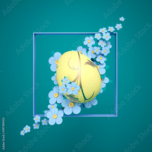 Easter greeting card with Easter egg and spring blue flowers on a green background. Square frame. Congratulations in cartoon style. Realistic 3d illustration