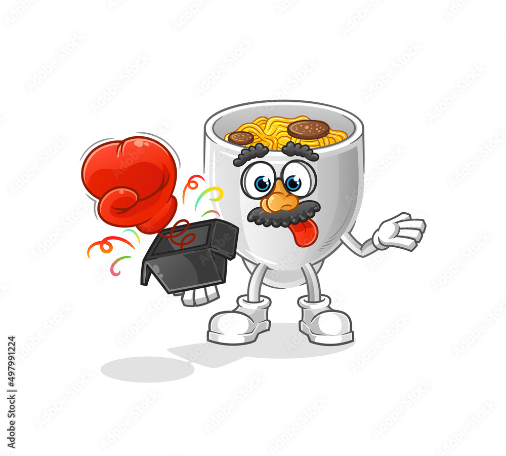 noodle bowl prank glove in the box. cartoon mascot
