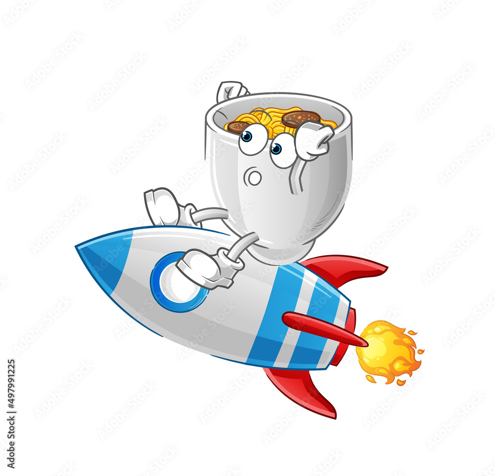 Obraz premium noodle bowl ride a rocket cartoon mascot vector