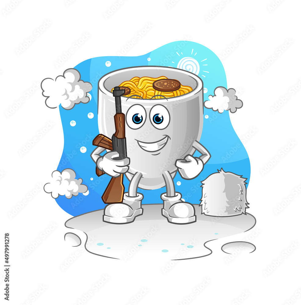 noodle bowl soldier in winter. character mascot vector noodle bowl soldier in winter. character mascot vector