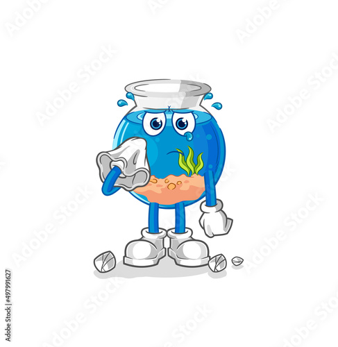 fish bowl cry with a tissue. cartoon mascot vector