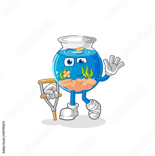 fish bowl sick with limping stick. cartoon mascot vector
