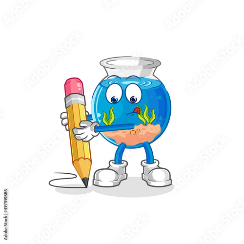 fish bowl write with pencil. cartoon mascot vector
