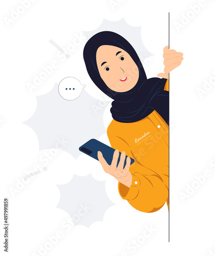 Muslim Woman holding phone and peeking behind the wall while startled, shocked, Surprised, curiosity, listening, discovery and Pay attention concept illustration