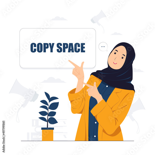 Beautiful Muslim businesswoman with suit showing and pointing fingers upper left and right corner with happy expression advices use this copy space wisely concept illustration © Genkomono