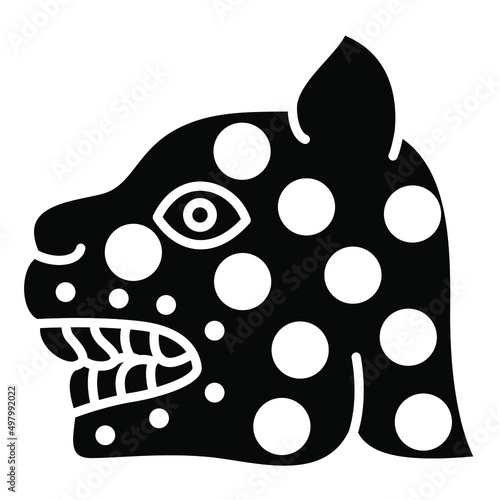 Head of a jaguar or spotted feline cat. Native American art of Aztec Indians from Mexican codex. Black and white silhouette.