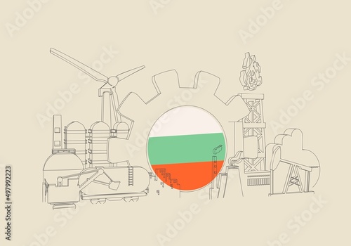 Energy and power industrial concept. Industrial icons and gear with flag of Bulgaria.