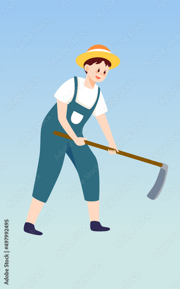 Farmer is hoeing with a hoe, farmland and plants in the background, vector illustration