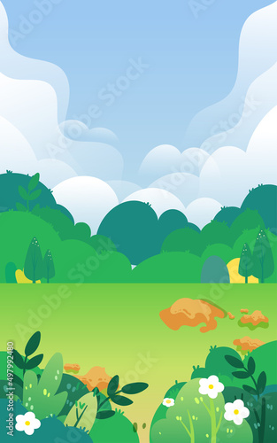 Farmer is hoeing with a hoe, farmland and plants in the background, vector illustration
