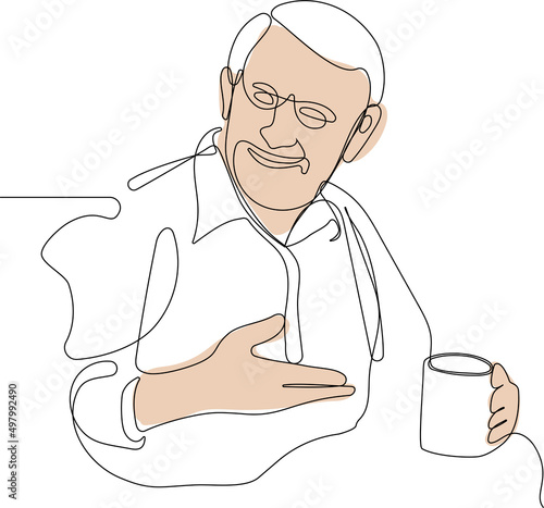 Continuous one line drawing of a relaxed senior gentleman old man drinking tea. Minimal outline concept for yuor design. Vector illustration