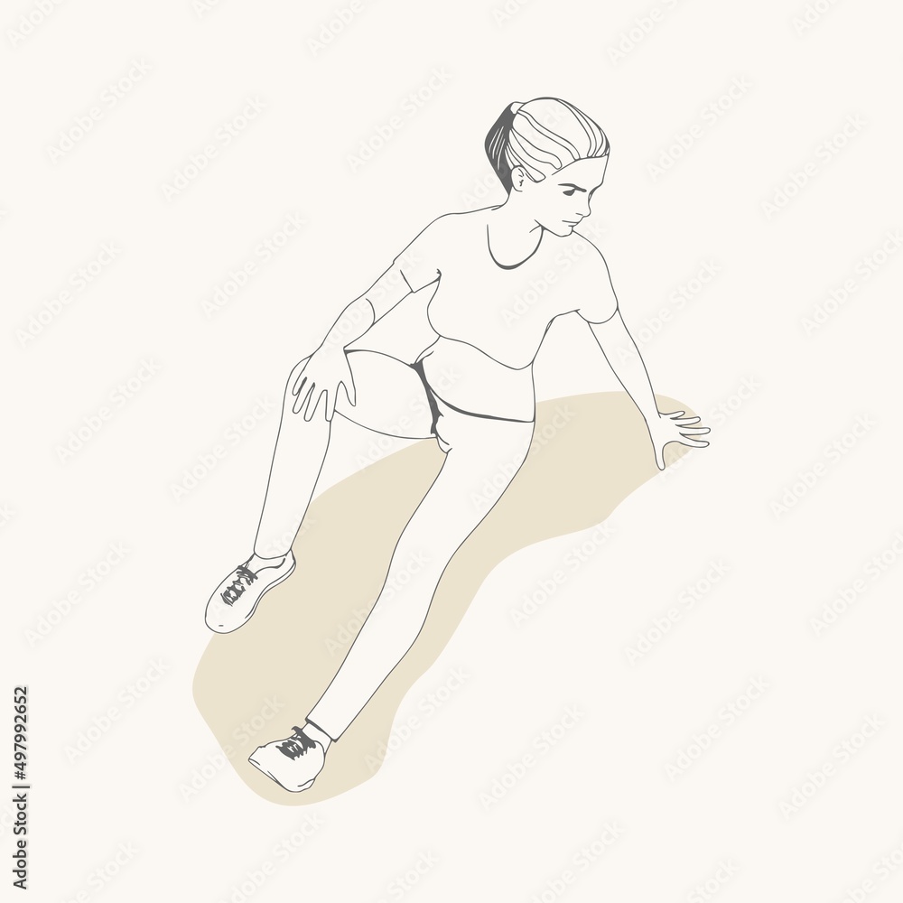 Sitting woman. Sport girl illustration. Casual sportwear - t-shirt, breeches and sneakers. Young woman wearing workout clothes. Sport fashion girl outline in urban casual style. Top view