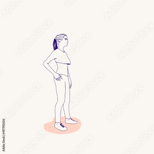 Standing woman. Sport girl illustration. Casual sportwear - t-shirt, breeches and sneakers. Young woman wearing workout clothes. Sport fashion girl outline in urban casual style.
