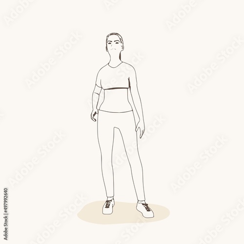 Standing woman. Sport girl illustration. Casual sportwear - t-shirt, breeches and sneakers. Young woman wearing workout clothes. Sport fashion girl outline in urban casual style.