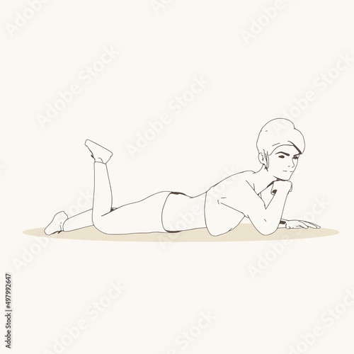 Lying woman. Sport girl illustration. Casual sportwear - t-shirt, breeches and sneakers. Young woman wearing workout clothes. Sport fashion girl outline in urban casual style.