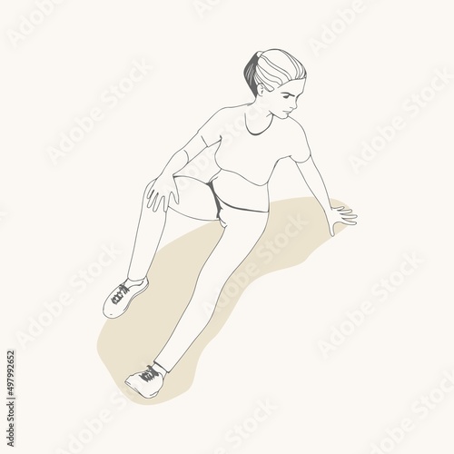 Fototapeta Naklejka Na Ścianę i Meble -  Sitting woman. Sport girl illustration. Casual sportwear - t-shirt, breeches and sneakers. Young woman wearing workout clothes. Sport fashion girl outline in urban casual style. Top view