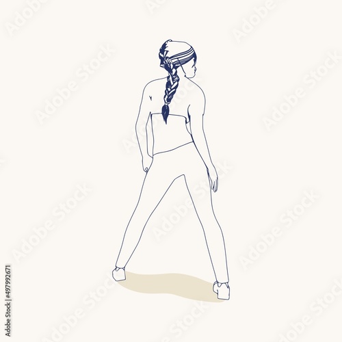 Standing woman. Sport girl illustration. Casual sportwear - t-shirt, breeches and sneakers. Young woman wearing workout clothes. Sport fashion girl outline in urban casual style. Back view