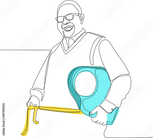 Minimal outline concept of mature man smiling and sitting on a fitness ball and holding a small dumbbell. Continuous one line drawing of outline. Vector illustration