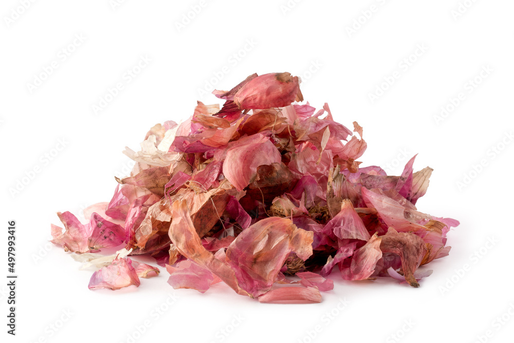 pile of onion peel, vegetable skin isolated on white background, food waste used as natural fertilizer, kitchen waste management concept