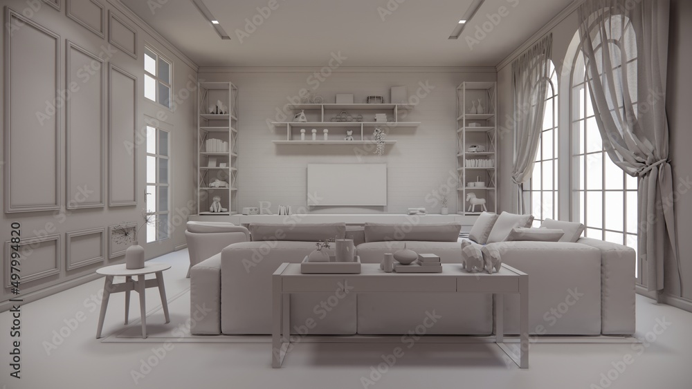 Fototapeta premium 3d rendering. Interior house modern open living space with kitchen.Loft style Duplex apartment residence.Home decoration luxury interior design.