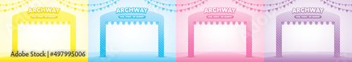 cute pastel girly archway entrance 3d illustration vector collection with triangle rail flag graphic element for fair or event or market advertising artwork