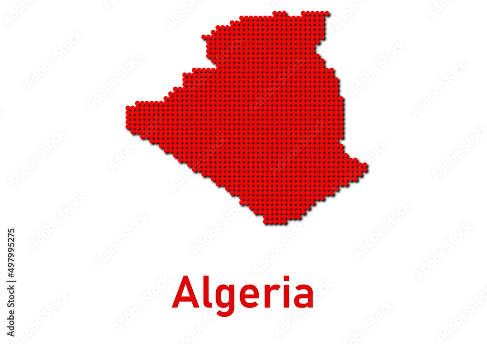 Algeria map, map of Algeria made of red dot pattern and name.