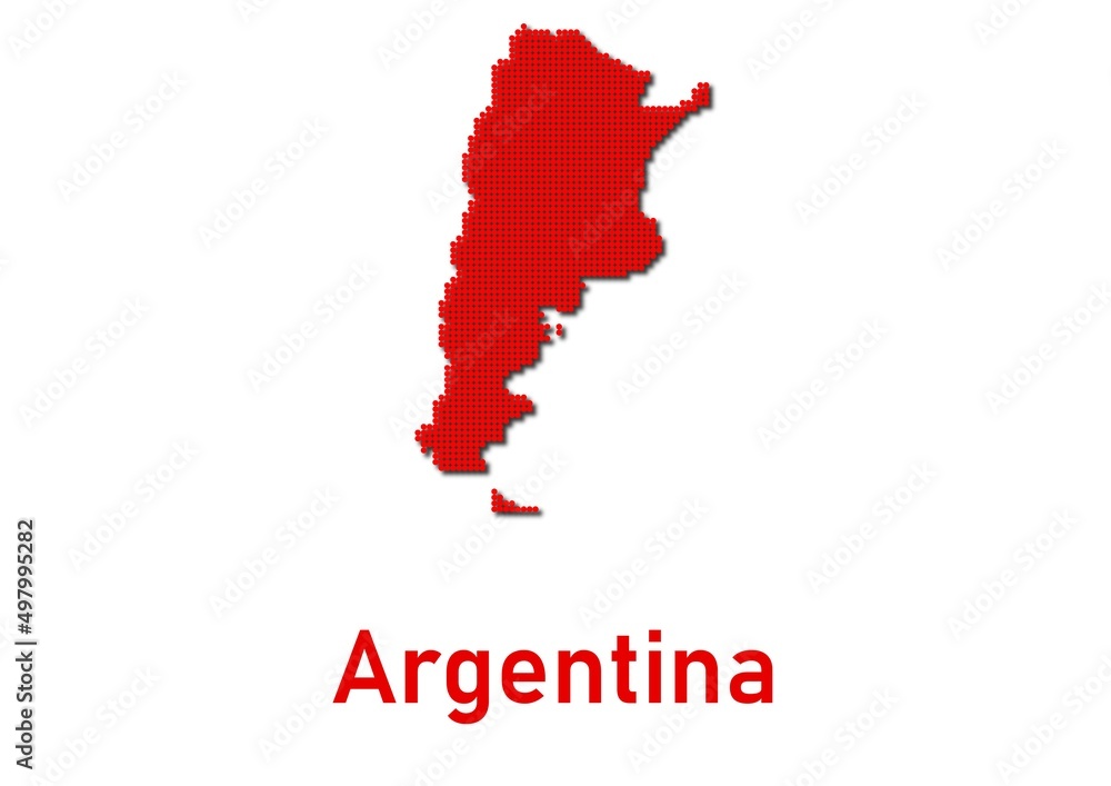 Argentina map, map of Argentina made of red dot pattern and name.