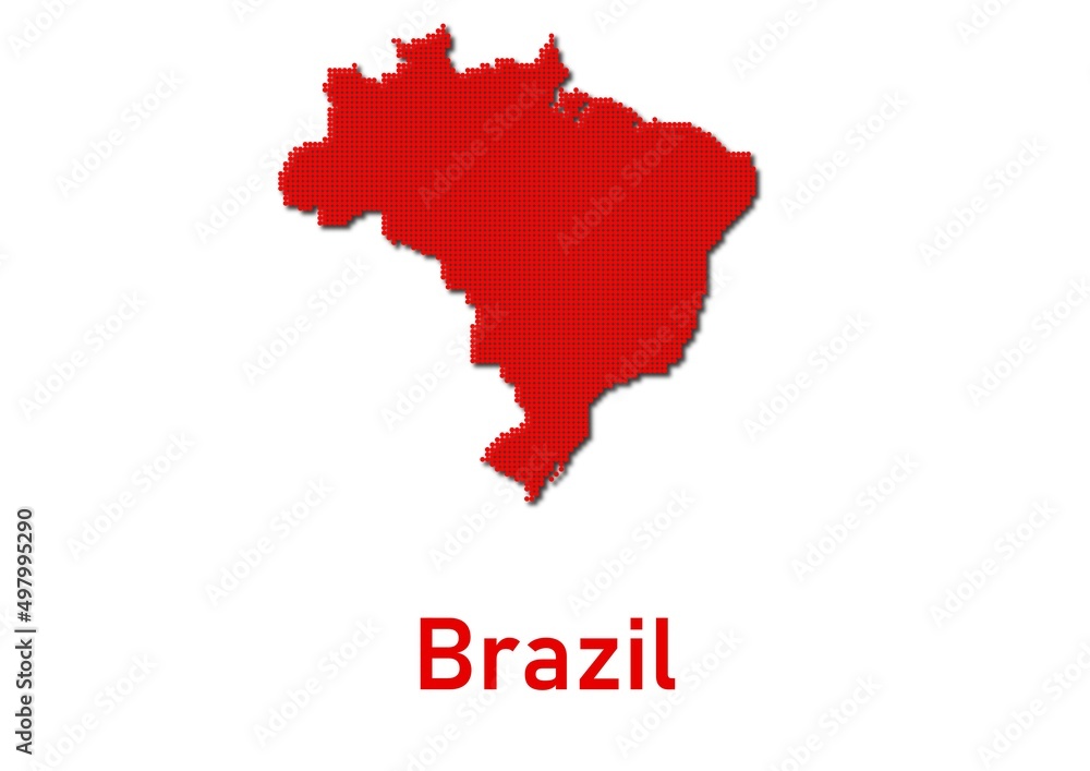 Brazil map, map of Brazil made of red dot pattern and name.