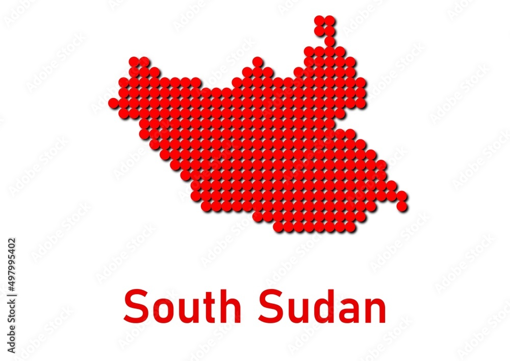 South Sudan map, map of South Sudan made of red dot pattern and name.