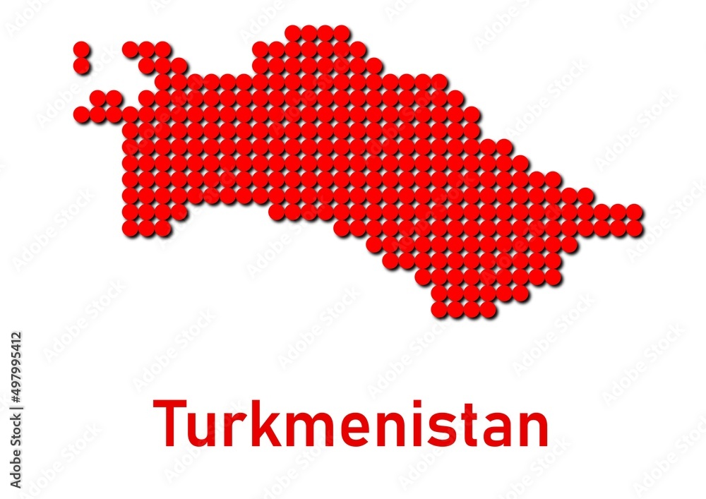 Turkmenistan map, map of Turkmenistan made of red dot pattern and name.