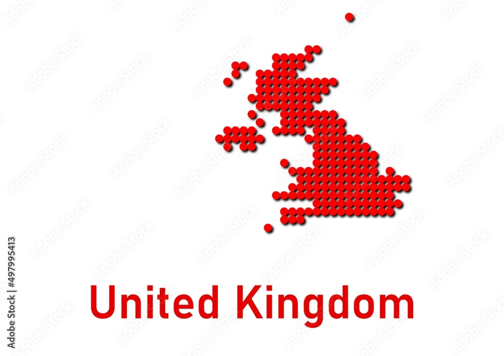 United Kingdom map, map of United Kingdom made of red dot pattern and name.