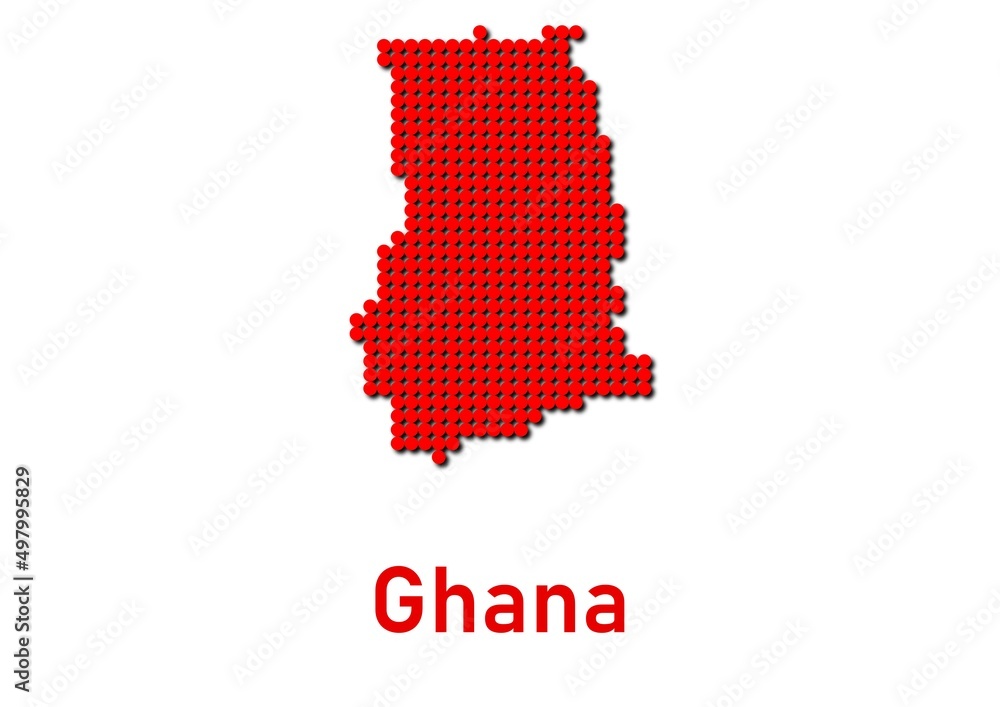 Ghana map, map of Ghana made of red dot pattern and name.
