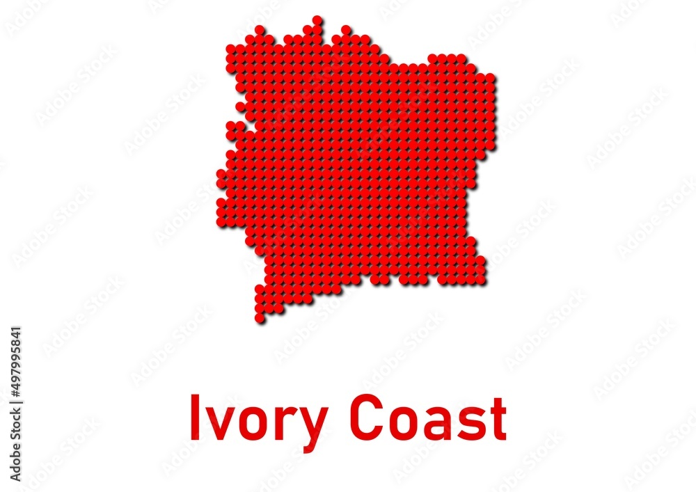 Ivory Coast map, map of Ivory Coast made of red dot pattern and name.