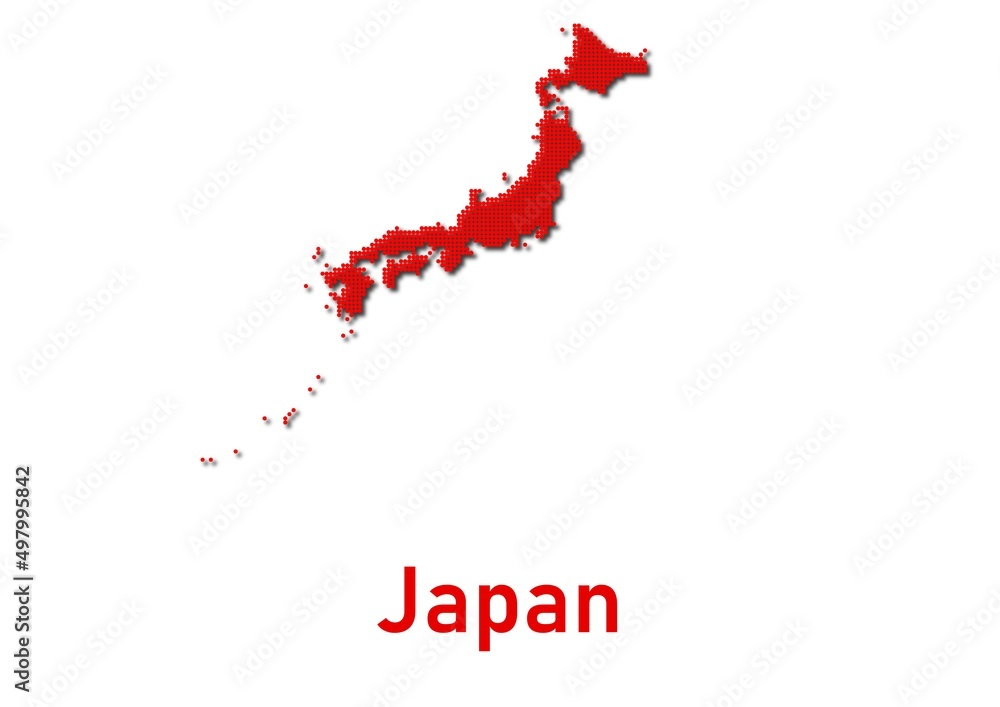 Japan map, map of Japan made of red dot pattern and name.
