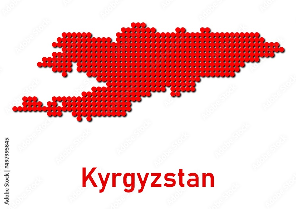 Kyrgyzstan map, map of Kyrgyzstan made of red dot pattern and name.