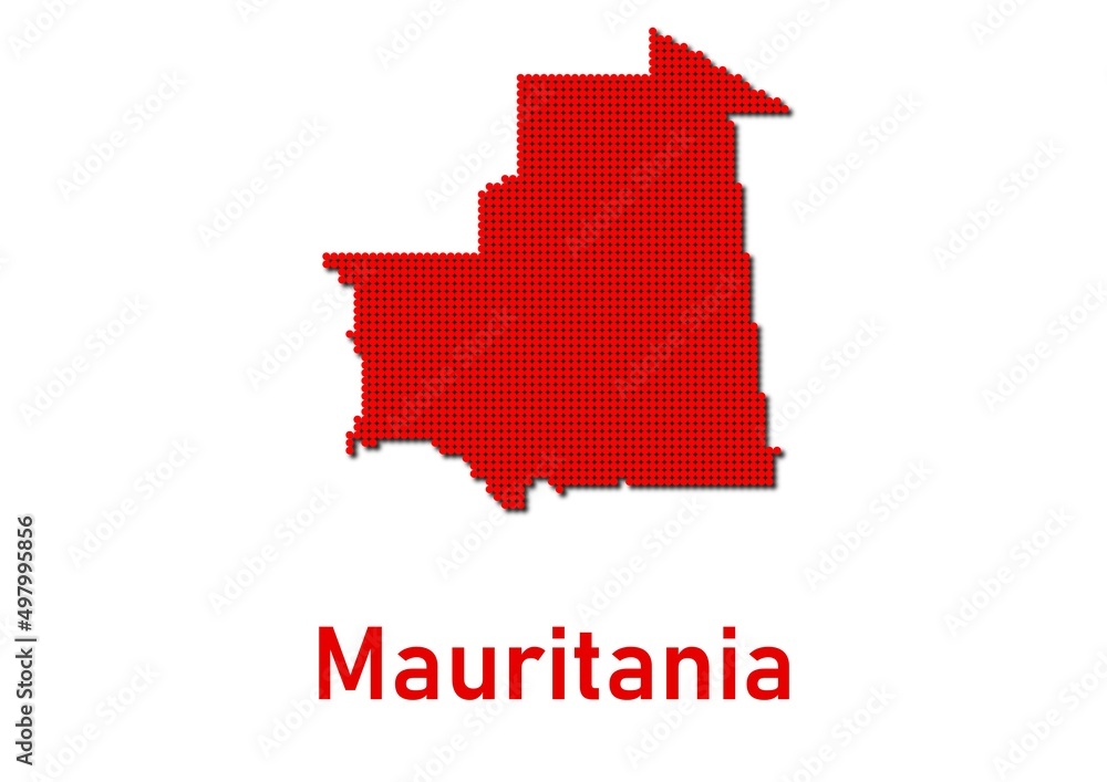 Mauritania map, map of Mauritania made of red dot pattern and name.
