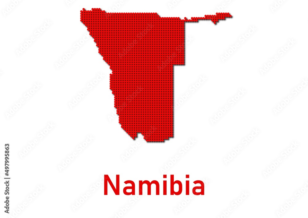 Namibia map, map of Namibia made of red dot pattern and name.