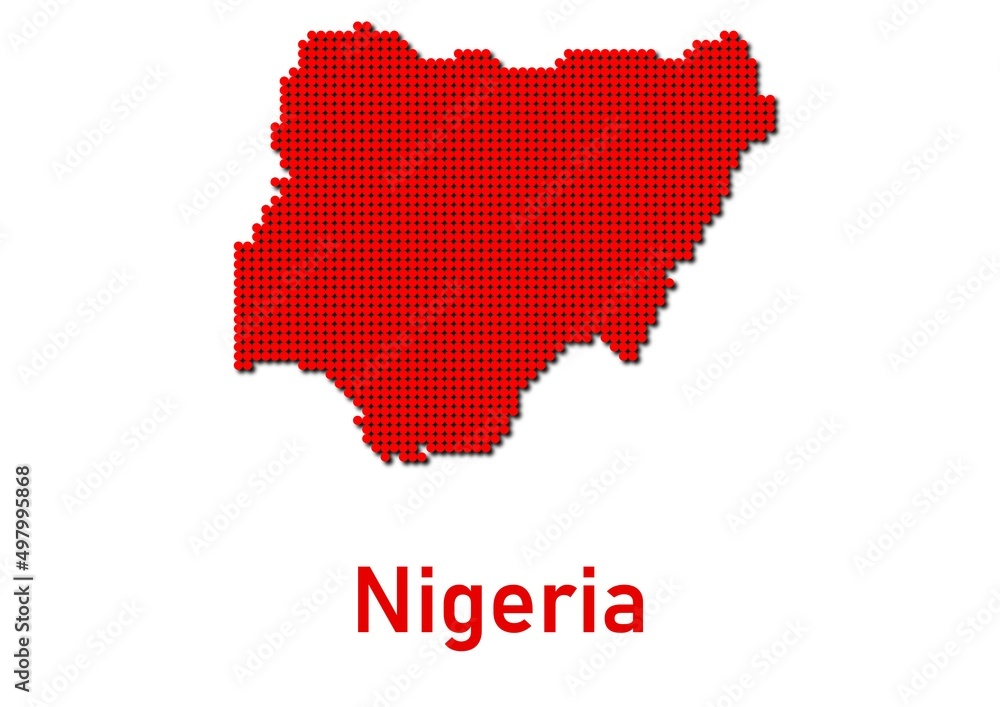 Nigeria map, map of Nigeria made of red dot pattern and name.