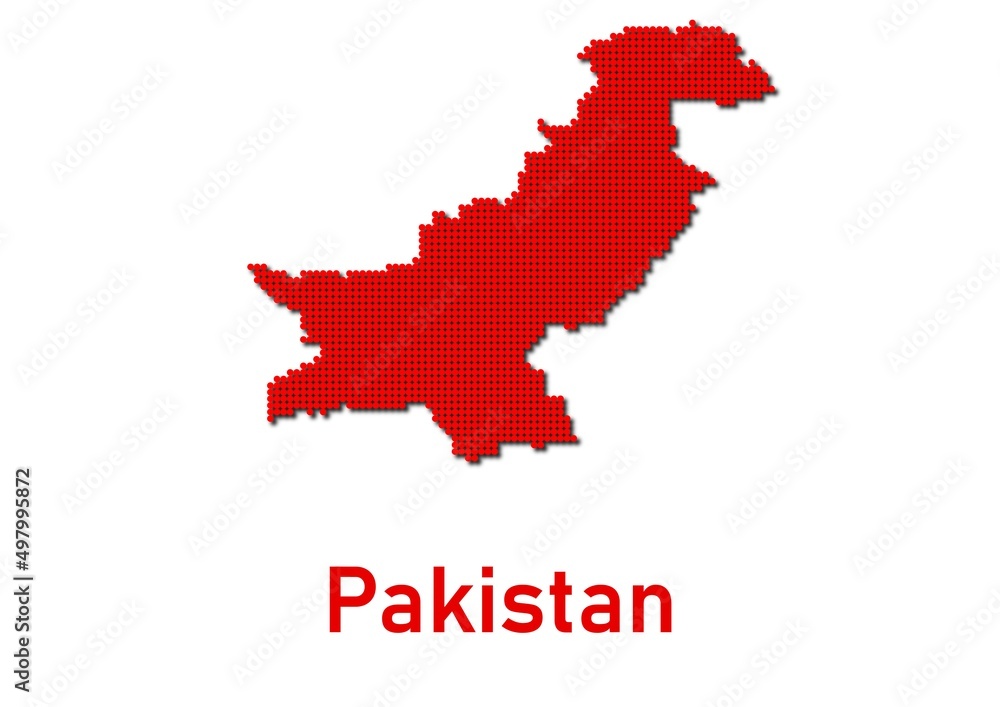 Pakistan map, map of Pakistan made of red dot pattern and name.