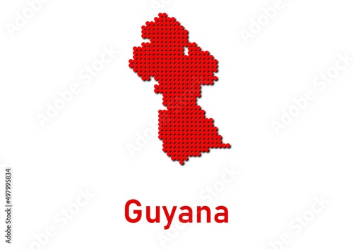 Guyana map, map of Guyana made of red dot pattern and name.