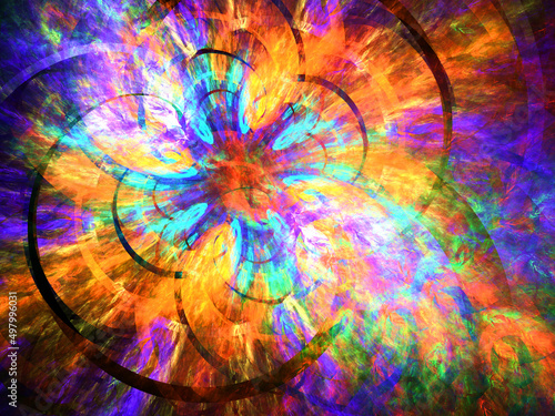 Imagen de arte psicodélico digital compuesto de trazos giratorios solapados en colores cálidos formando un todo con apariencia de ser una explosión luminosa de ondas parabólicas.