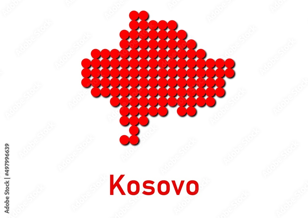 Kosovo map, map of Kosovo made of red dot pattern and name.
