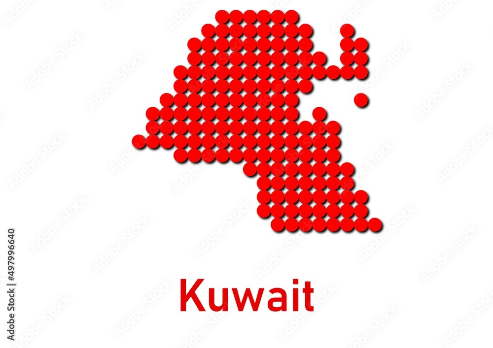 Kuwait map, map of Kuwait made of red dot pattern and name.