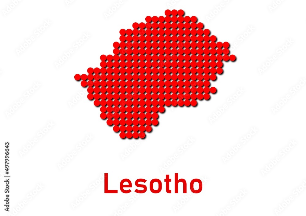 Lesotho map, map of Lesotho made of red dot pattern and name.