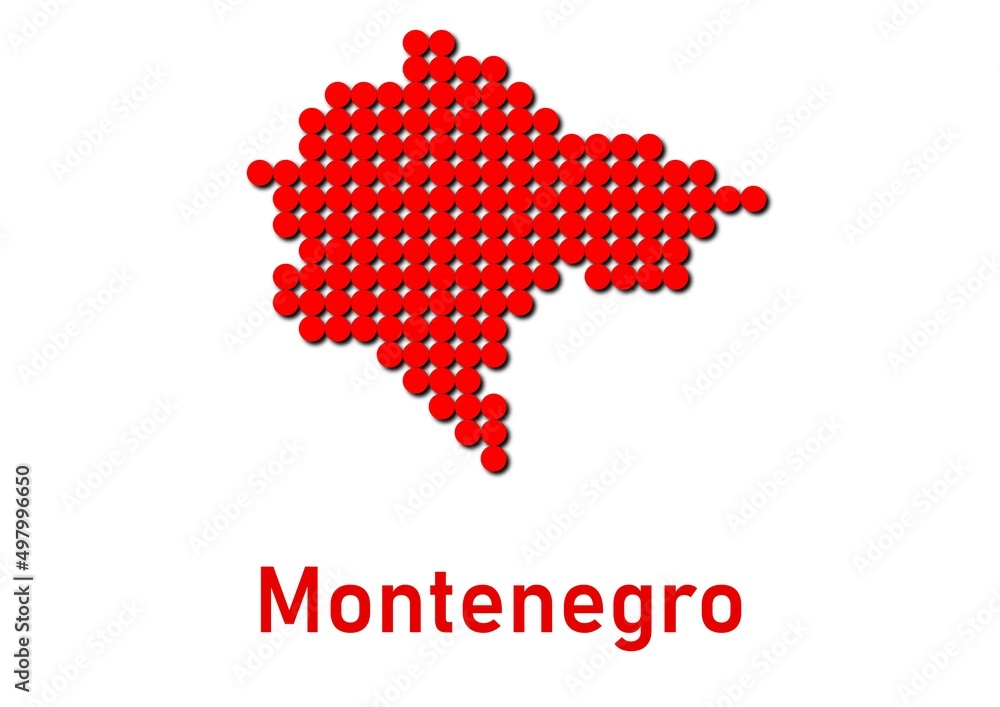 Montenegro map, map of Montenegro made of red dot pattern and name.