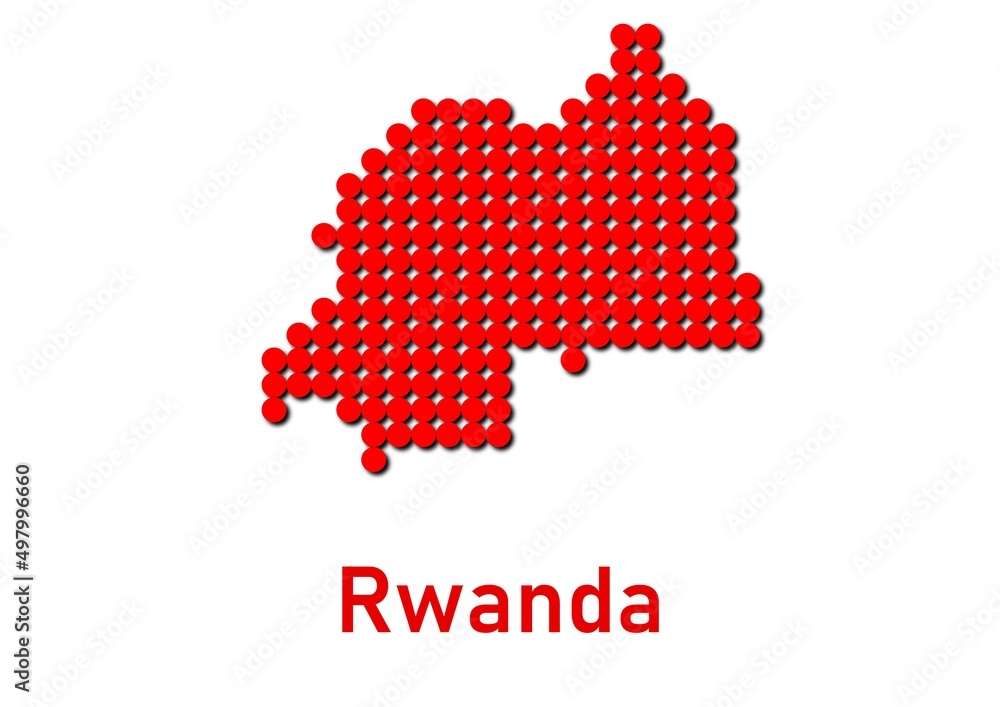 Rwanda map, map of Rwanda made of red dot pattern and name.