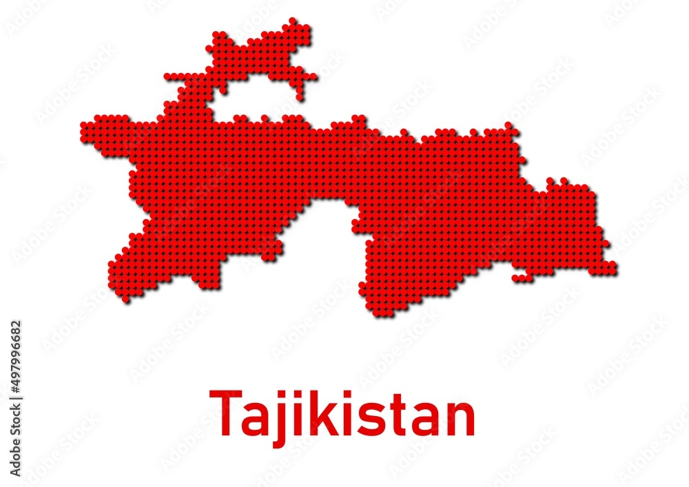 Tajikistan map, map of Tajikistan made of red dot pattern and name.