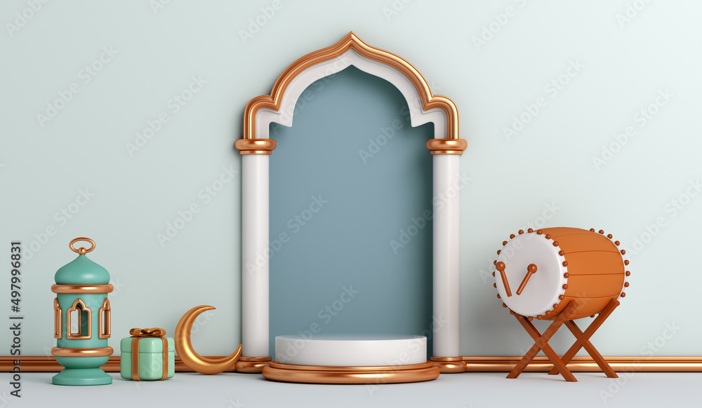 Islamic display podium decoration background with window door, lantern,  crescent,bedug drum cartoon style, ramadan kareem, mawlid, iftar, isra  miraj, eid al fitr adha, muharram, 3D illustration. Stock Illustration