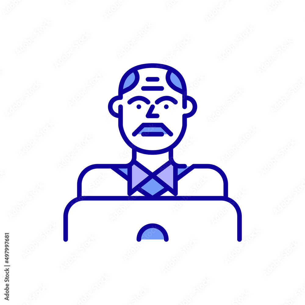 Middle-aged man working at a laptop. Pixel perfect, editable stroke color icon Middle-aged man working at a laptop. Pixel perfect, editable stroke color icon