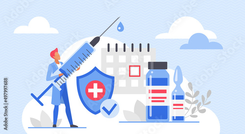 Vaccination time in medical calendar vector illustration. Cartoon doctor holding vaccine syringe to vaccinate and protect against virus. Global immunization, health protection, medicine concept photo